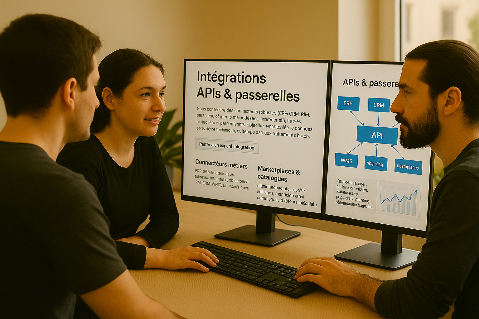 Intégrations APIs & passerelles : ERP, CRM, PIM, WMS, paiement, shipping, marketplaces.